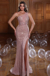 Glamorous Pink Mermaid Evening Dress with One Shoulder & Long Beadings & Split